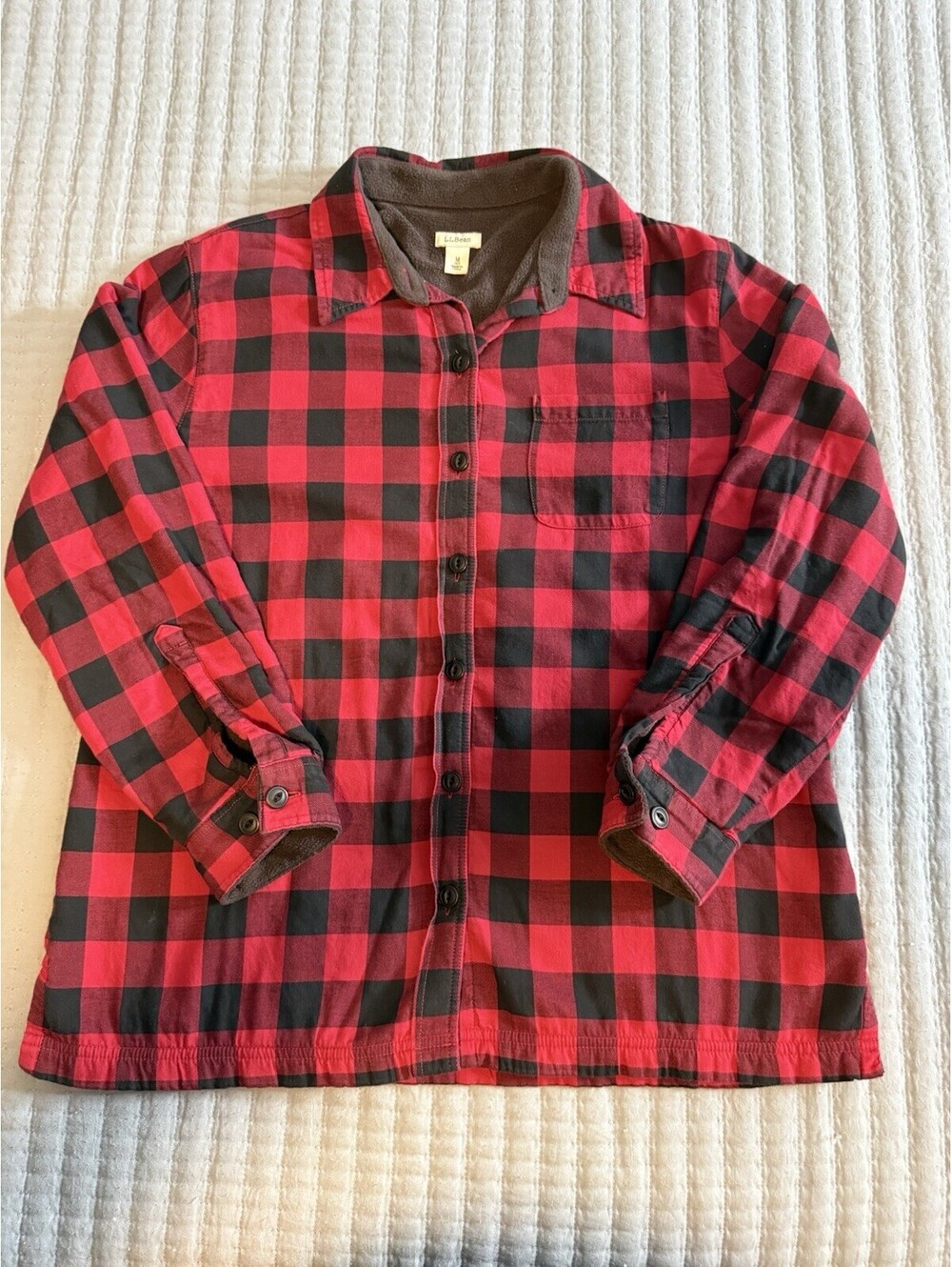 LL Bean Sherpa Lined Flannel Shirt Jac Mens Medium Red Buffalo Plaid